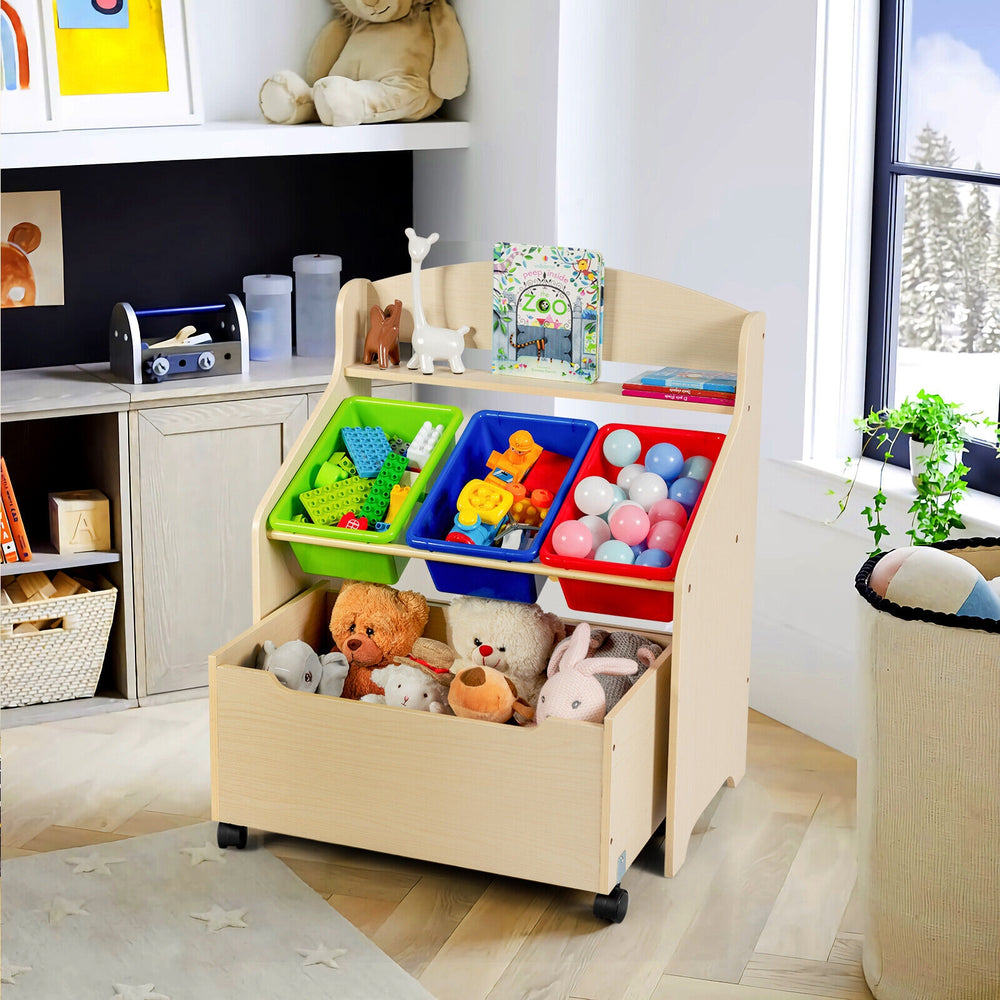 Kids Wooden Toy Storage Unit Organizer with Rolling Toy Box and Plastic Bins-Natural - Gallery View 1 of 12