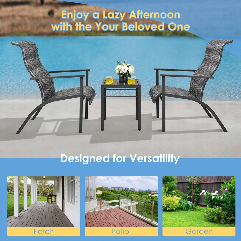 Gray 3-piece patio rattan bistro set with high backrest and armrests, perfect for garden or balcony relaxation.