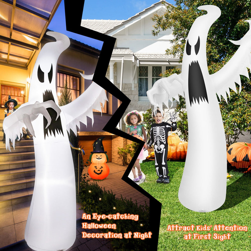 12 feet inflatable ghost with LED lights, made of durable polyester, perfect for Halloween yard decoration.