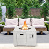 Square concrete propane fire pit table with lava rocks, 50,000 BTU, perfect for outdoor gatherings and patio use.
