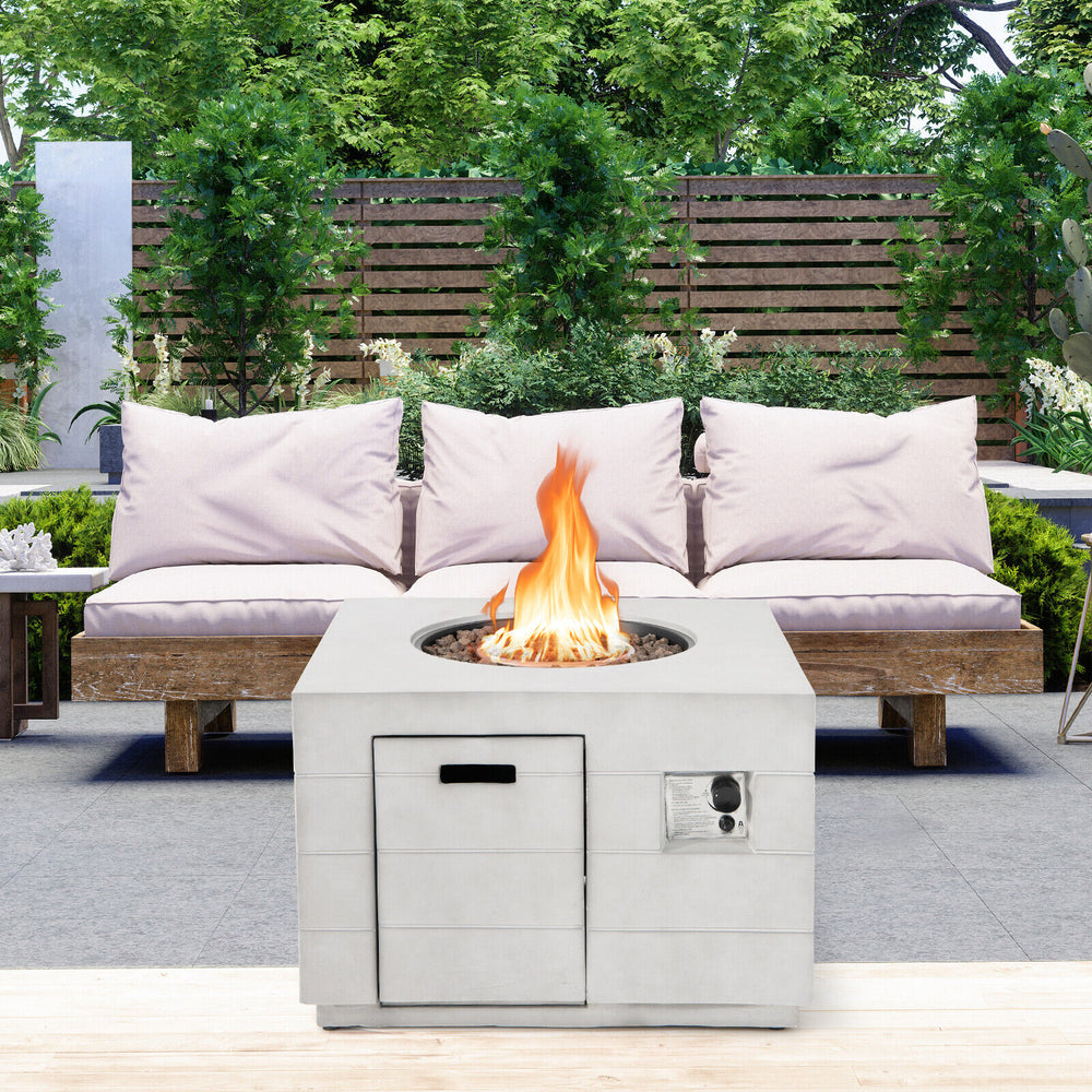 Square concrete propane fire pit table with lava rocks, 50,000 BTU, perfect for outdoor gatherings and patio use.