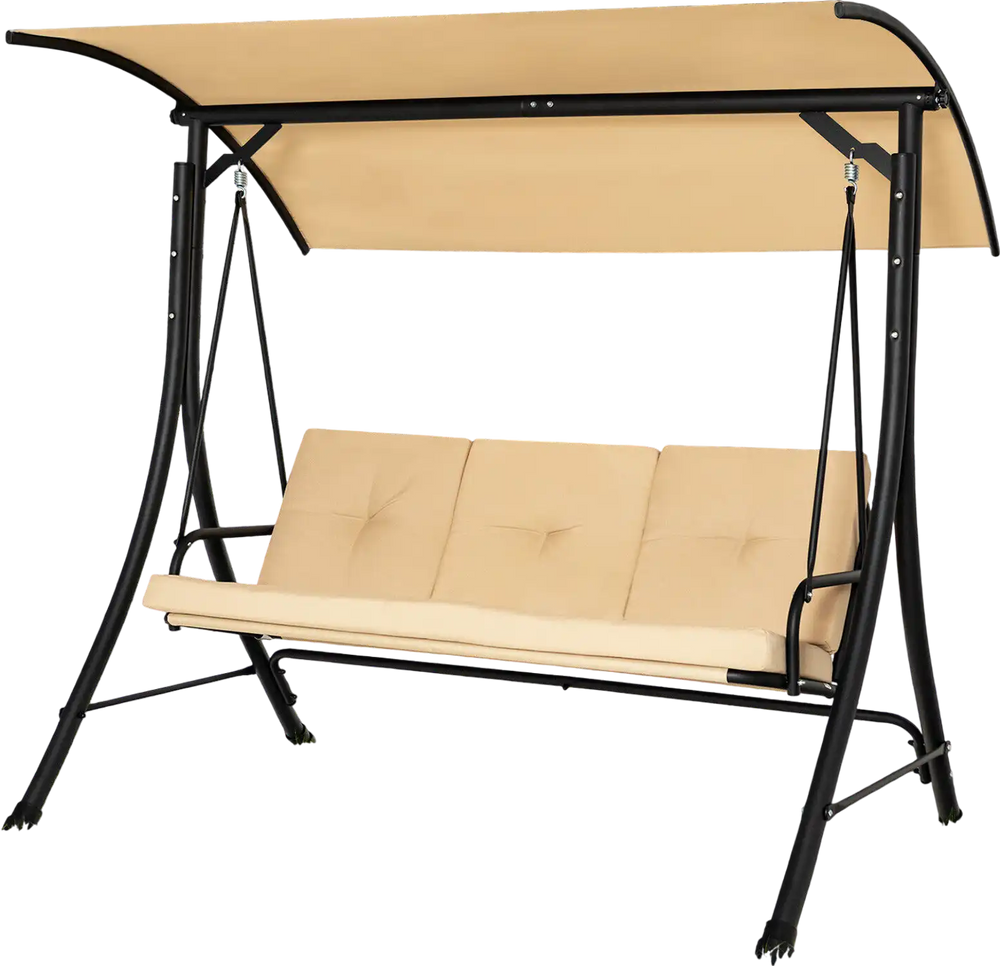 Side view of the 3-seat outdoor porch swing showcasing the sturdy steel frame and adjustable beige canopy for outdoor.
