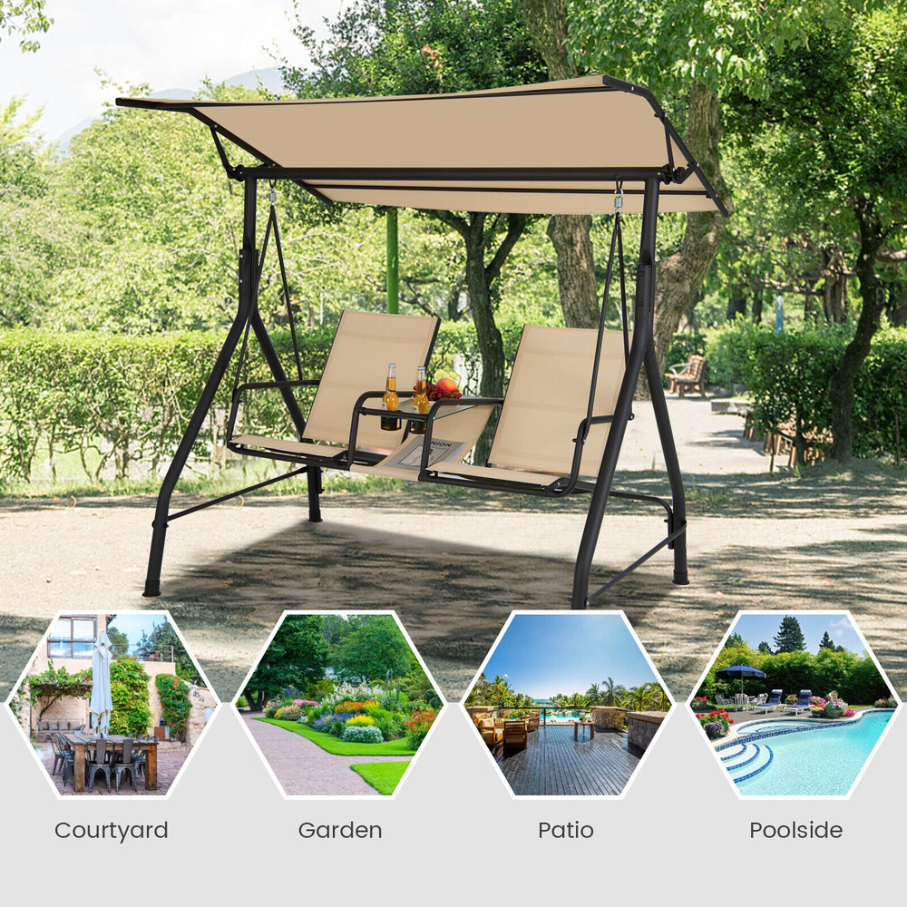 2-seat outdoor cushioned porch swing with adjustable canopy and tempered glass table, perfect for patio or poolside.