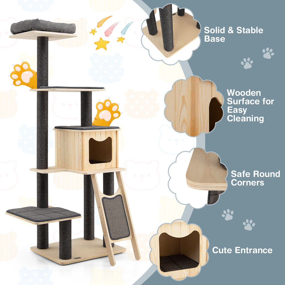 5-tier wooden cat tower with a large condo, scratching posts, and washable cushions for feline play and relaxation.