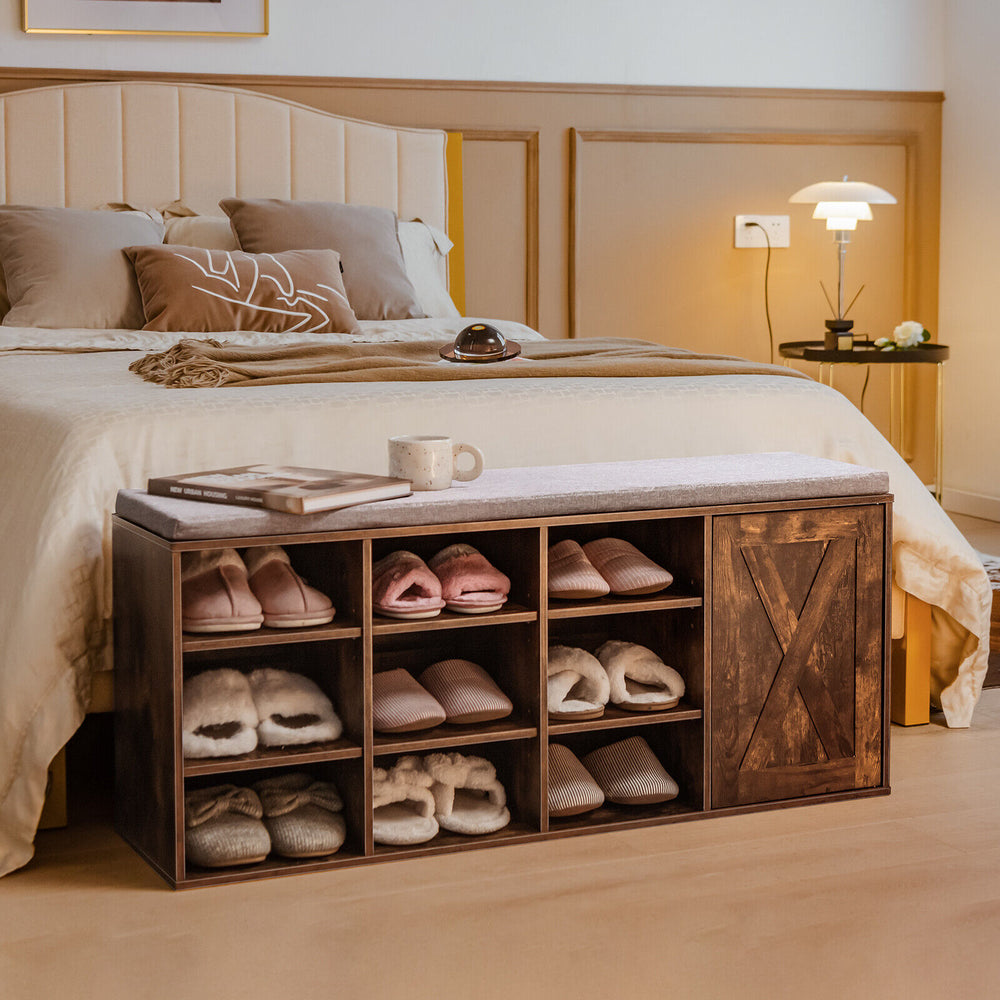 Rustic brown 9-cube adjustable storage shoe bench with padded cushion, ideal for entryway or bedroom organization.