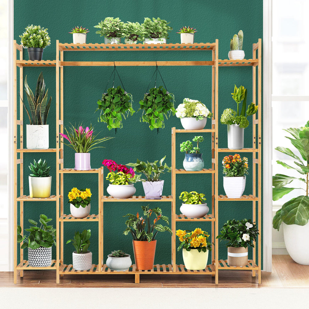 9-tier bamboo plant stand with hanging rack, featuring hollowed shelves for drainage, perfect for indoor and outdoor.