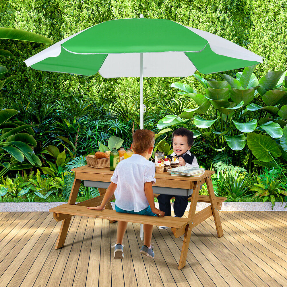 3-in-1 Kids Outdoor Picnic Water Sand Table with Umbrella Play Boxes-Green - Gallery View 1 of 11