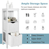Freestanding white storage cabinet with 2 removable drawers, open shelf, and spacious top for bathroom organization.