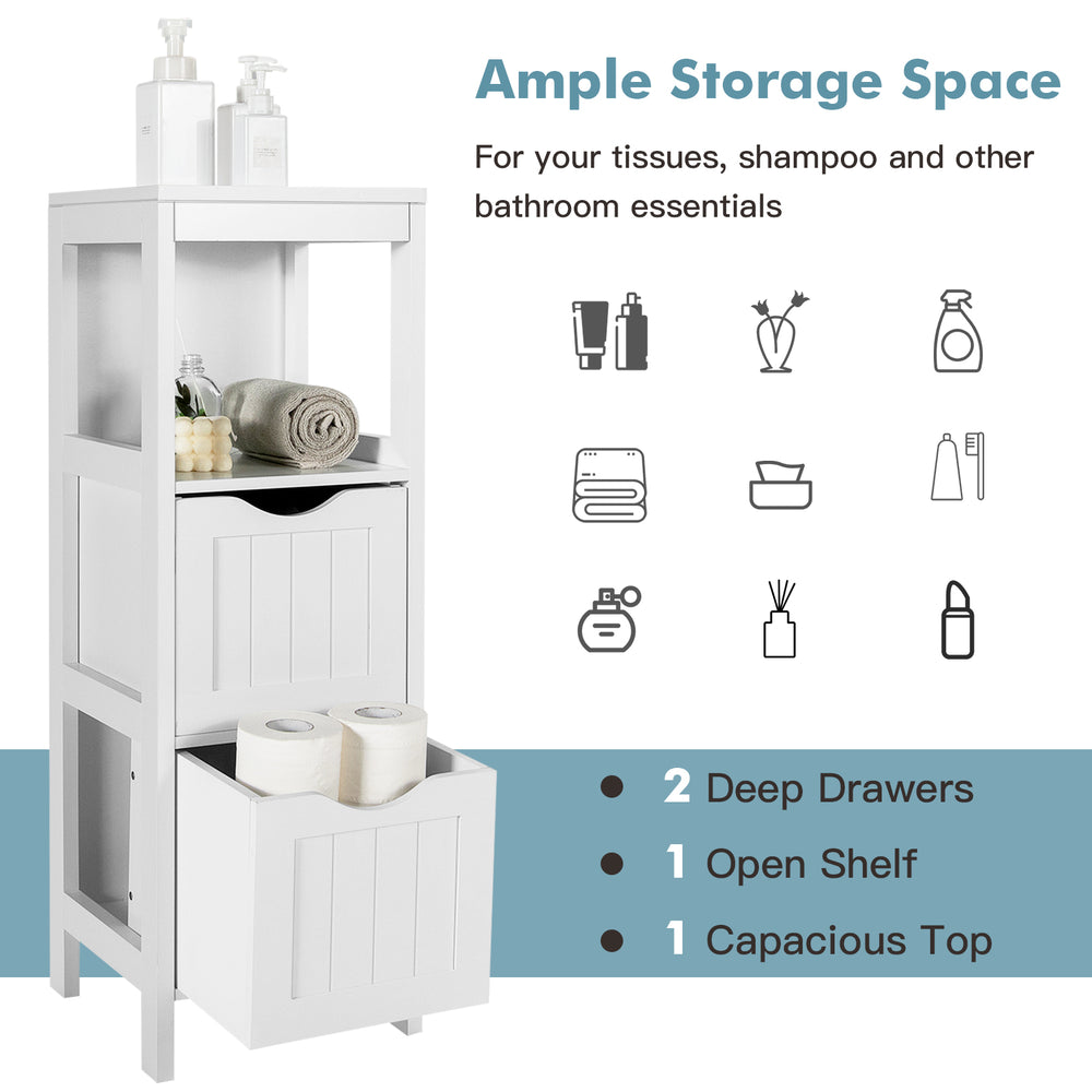 Freestanding white storage cabinet with 2 removable drawers, open shelf, and spacious top for bathroom organization.