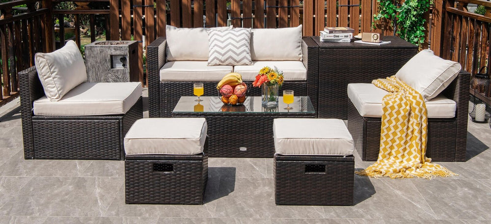 8-piece patio rattan furniture set featuring a coffee table, storage box, and soft cushions for outdoor comfort.