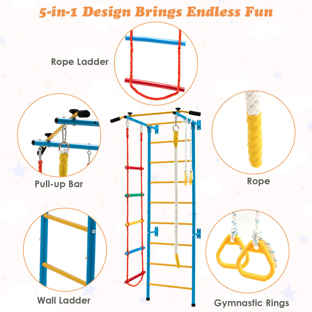 Indoor kids gym featuring a wall ladder, pull-up bar, rope ladder, and gymnastic rings for active play and fitness.