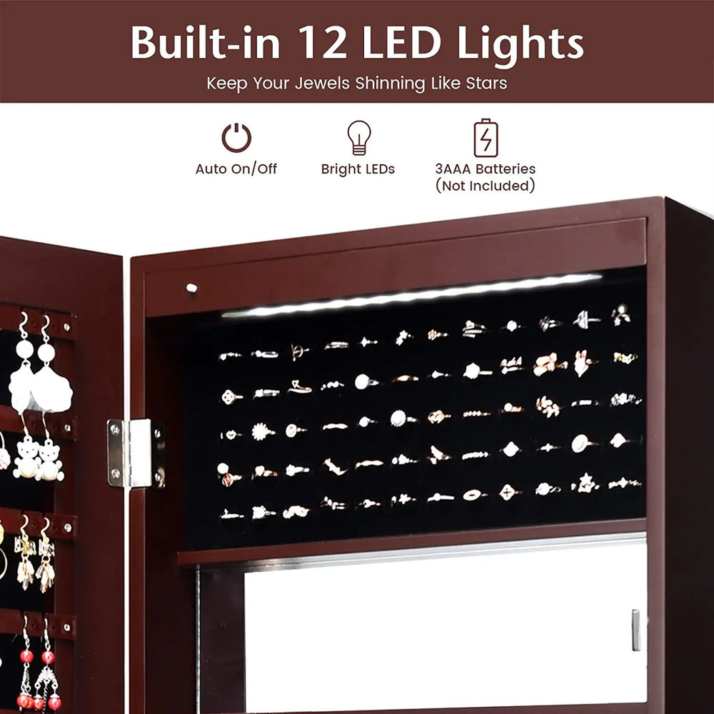 Lockable wall-mounted jewelry cabinet in brown with built-in LED lights, full-size mirror, and organized storage for.