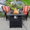 Square propane fire pit table with lava rocks, featuring adjustable flame control, ideal for patio and garden use.