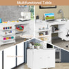 Folding sewing table with wheels, white MDF, featuring storage bins and adjustable shelf, ideal for crafting and.