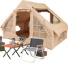 Inflatable camping tent for 4-6 people with mesh windows and doors, set up in a scenic outdoor location.