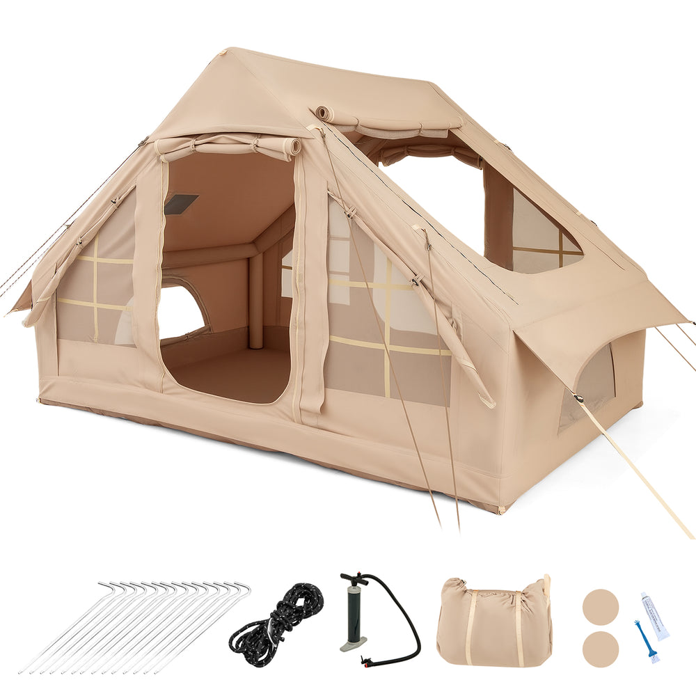 Inflatable camping tent for 4-6 people, featuring 4 mesh windows, 2 doors, and waterproof 300D Oxford canopy.