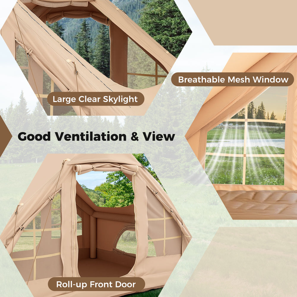 Large clear skylight and breathable mesh window in the 4-6 person inflatable camping tent for optimal ventilation.