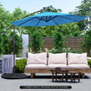 Blue 10-foot patio solar-powered cantilever umbrella with tilting system, providing shade for outdoor relaxation.