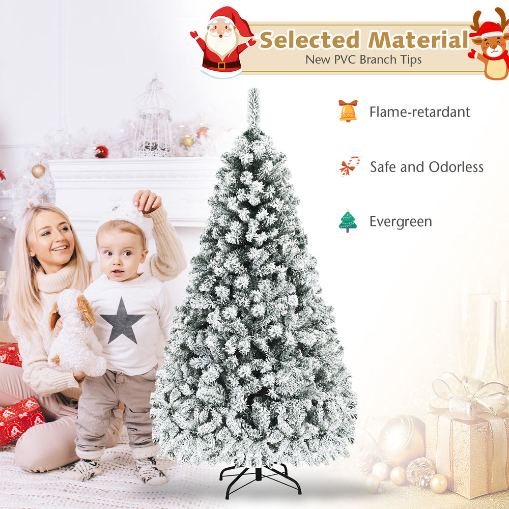 Snow-flocked 6 ft pre-lit artificial Christmas tree with LED lights, ideal for festive home and office decoration.