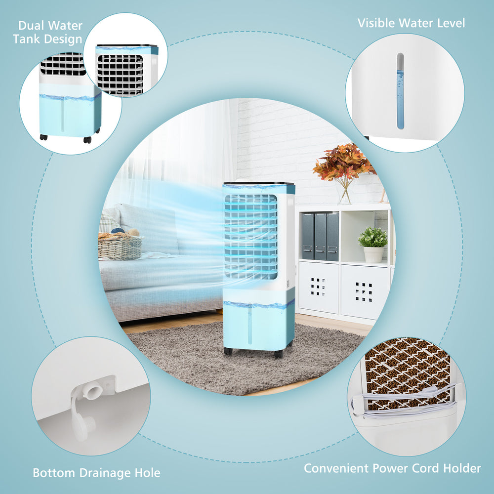 4-in-1 evaporative air cooler with 12L water tank, remote control, and oscillating function for efficient cooling.
