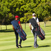 Golfers carrying 9.5-inch black golf cart bags with 14-way dividers, featuring multiple pockets for storage on the.