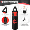 Kids hanging punching bag set in black with red accents, featuring durable materials and reinforced straps for training.