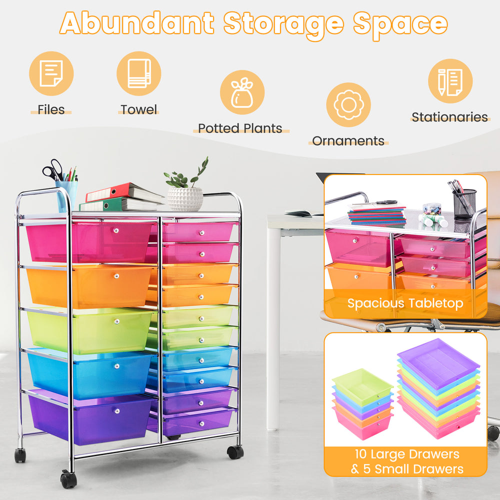 15-drawer rolling storage cart organizer with colorful plastic drawers, metal frame, and spacious tabletop for.