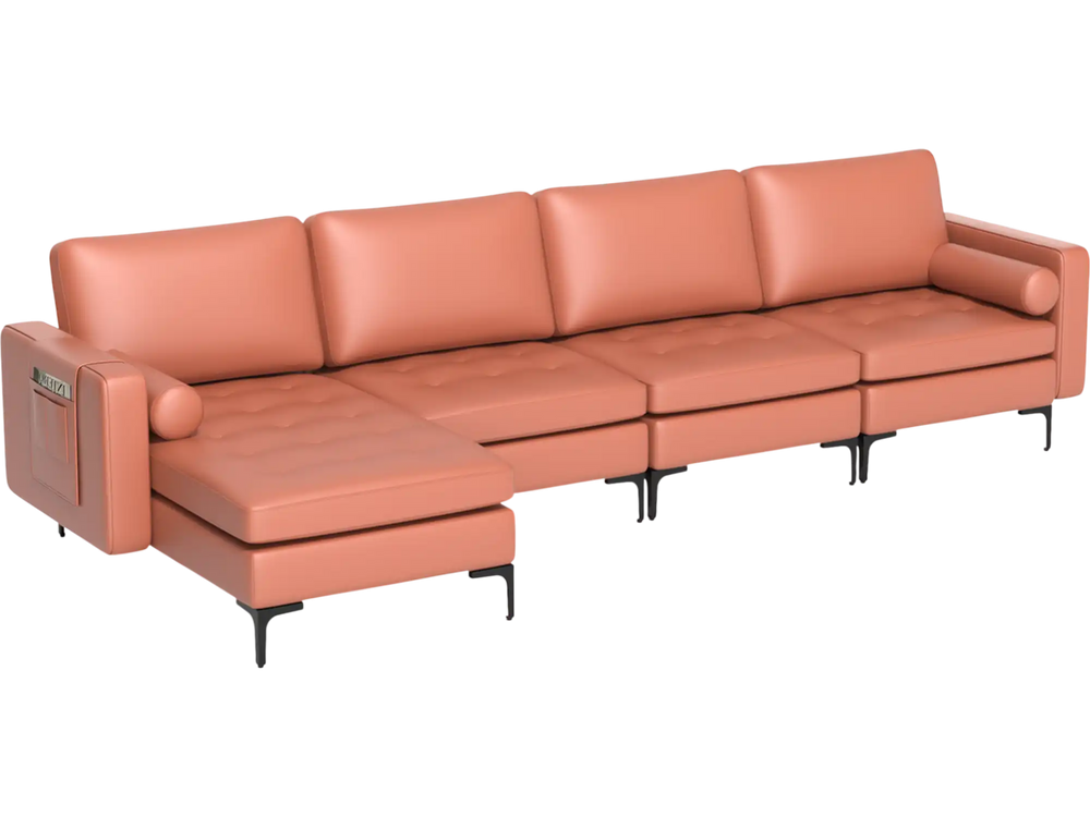 Reversible chaise of the pink modular L-shaped sectional sofa, featuring soft bolsters and hidden storage for added.