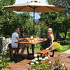 70-inch acacia wood dining table set with metal frame, ideal for outdoor use in backyard or garden, featuring umbrella.