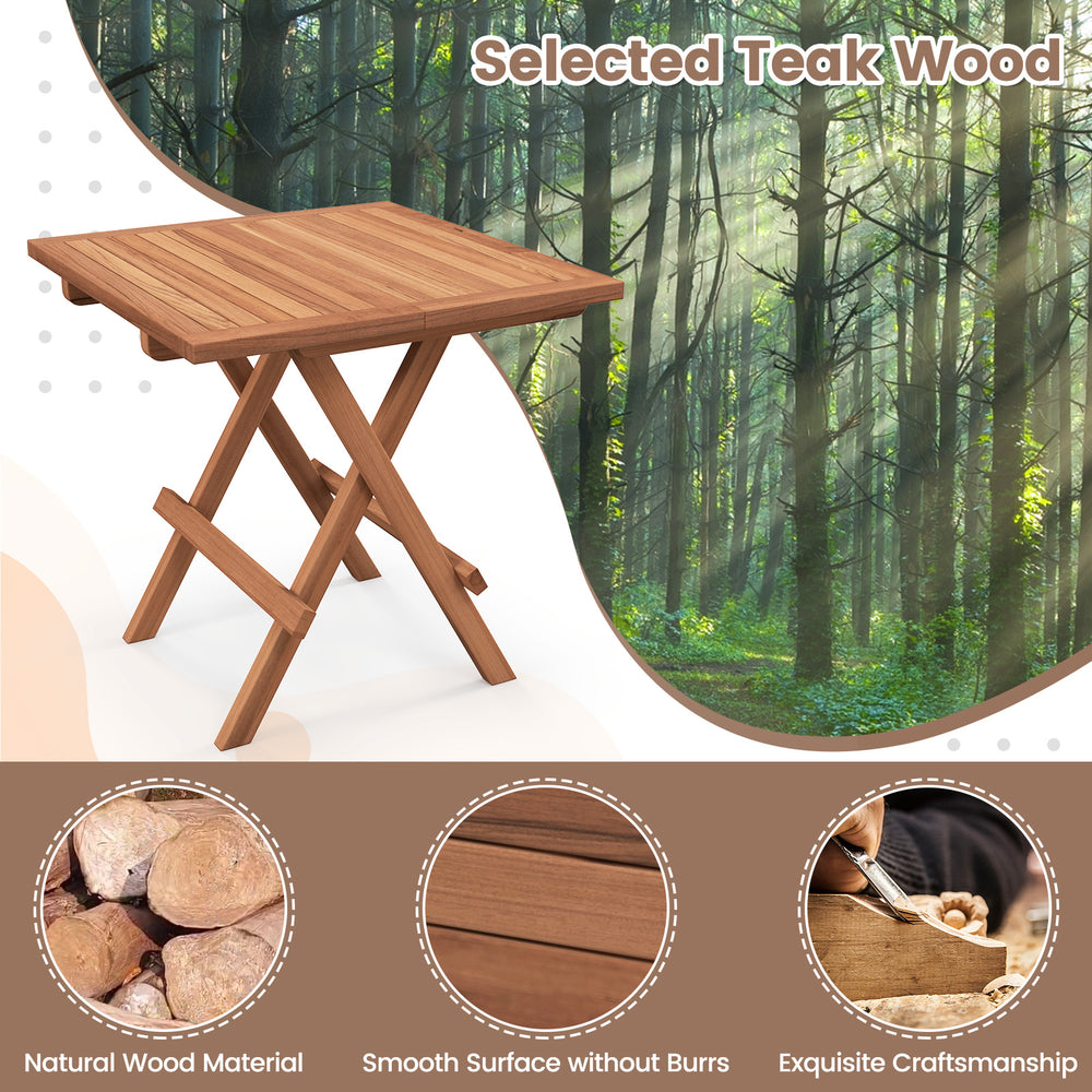 Square folding table made of teak wood with slatted tabletop, ideal for picnics and outdoor use.