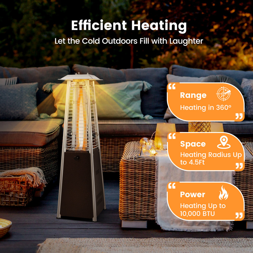 Compact 10000 BTU portable steel tabletop patio heater with glass tube, providing 360° heating for outdoor gatherings.