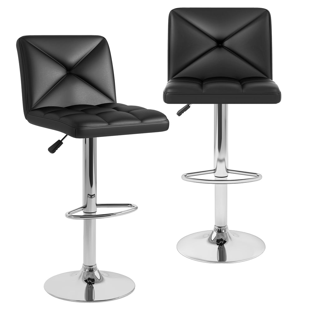 Black PU leather bar stools set of 2 with adjustable height, supportive backrest, and 360° swivel for comfort.