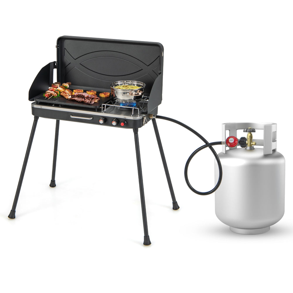 Portable 2-in-1 gas camping grill and stove with detachable legs, featuring a non-stick Teflon grill pan and 10,000 BTU.