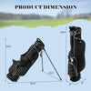 Golf stand cart bag in black with dimensions, featuring a 4-way divider and adjustable carry straps for comfort.