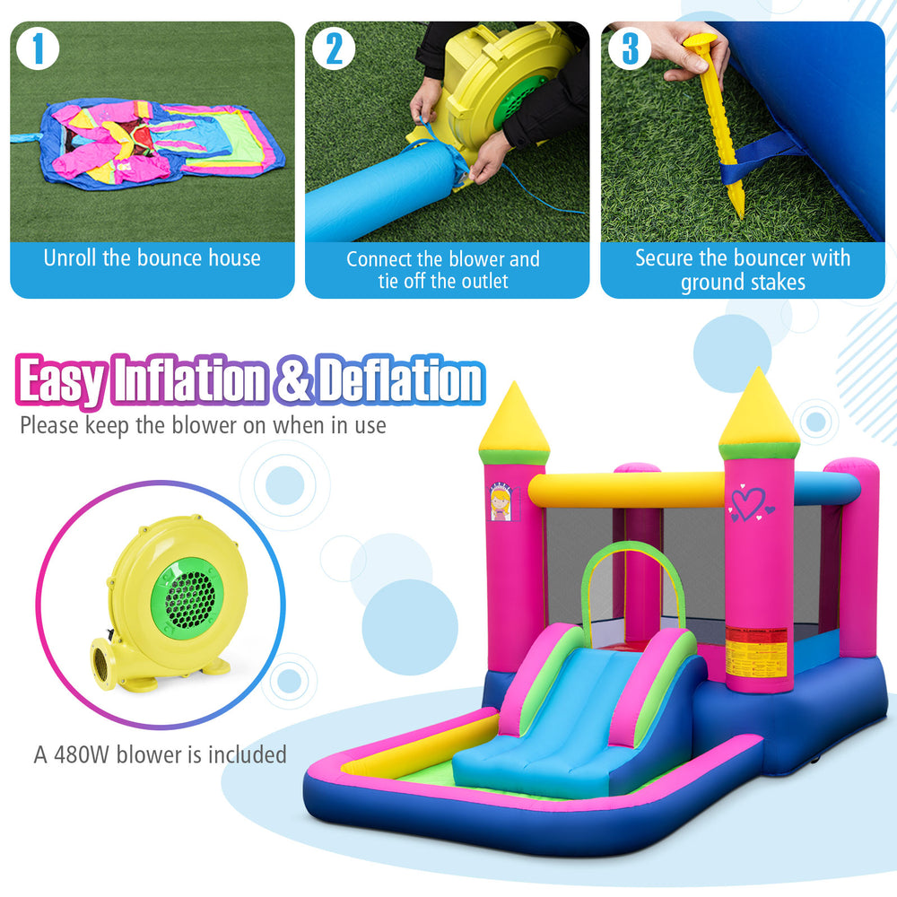 Close-up of the inflatable bounce house's vibrant colors and durable 420D oxford cloth, perfect for kids' playtime.