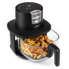 4.7 QT glass air fryer in black features steam frying mode and six cooking presets for healthier, crispy meals.