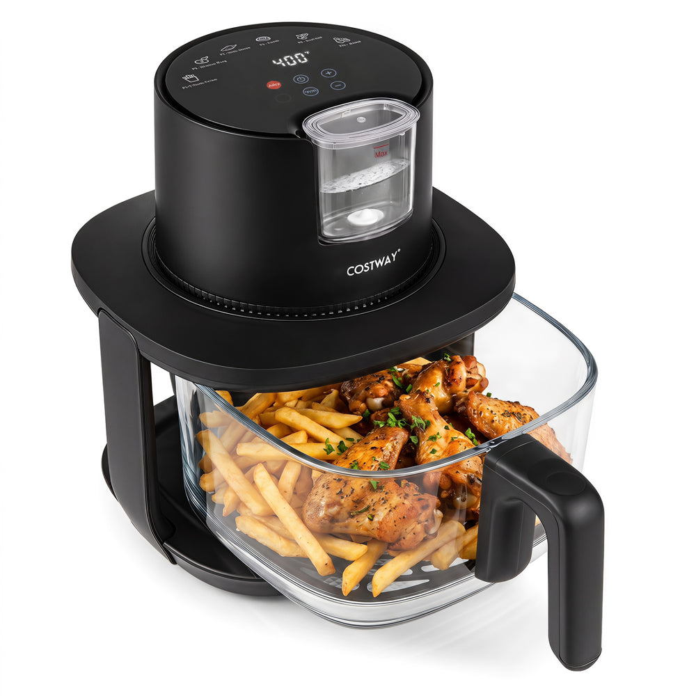 4.7 QT glass air fryer in black features steam frying mode and six cooking presets for healthier, crispy meals.