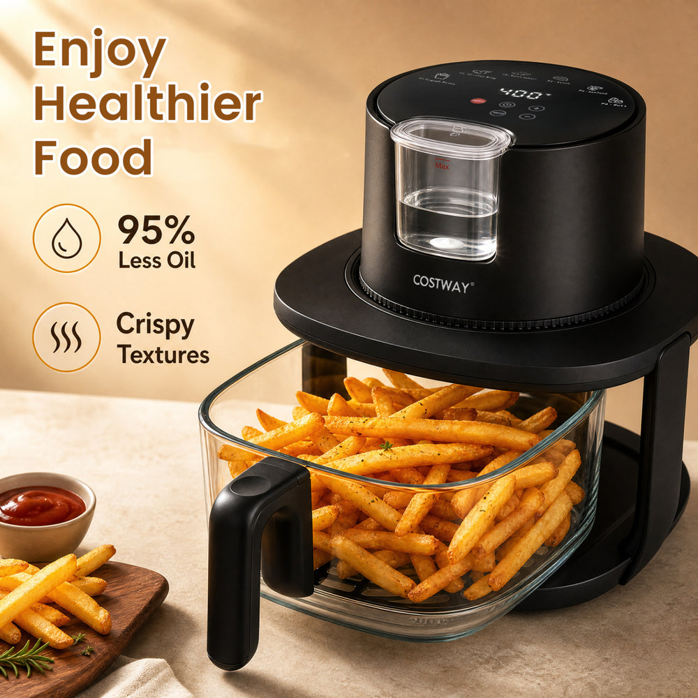 4.7 QT black glass air fryer with steam frying mode, featuring 95% less oil for healthier, crispy French fries.