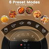 The 4.7 QT Black Glass Air Fryer features 6 cooking presets for healthier meals with 95% less oil and steam frying mode.