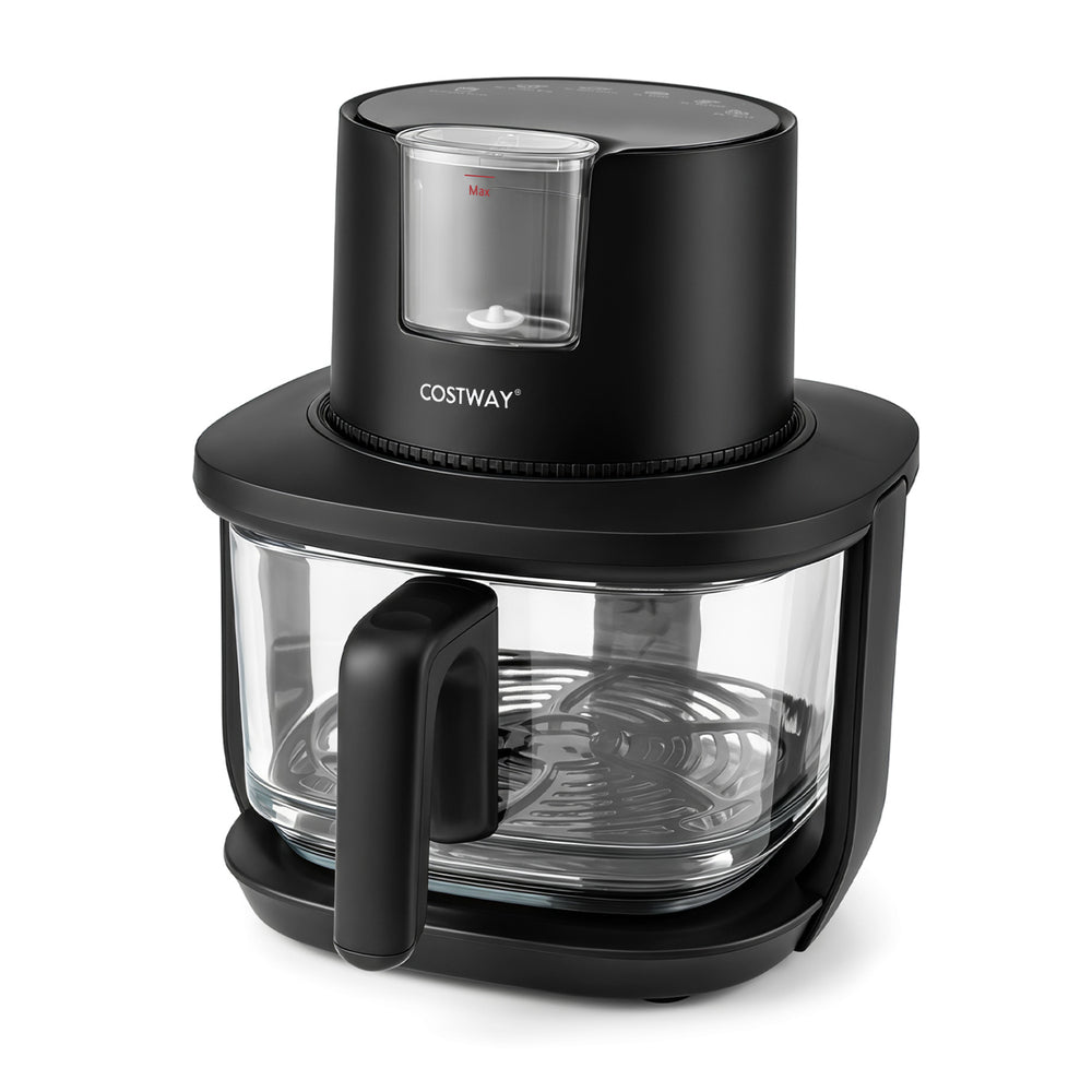 4.7 QT black glass air fryer features steam frying mode, 6 cooking presets, and a transparent basket for easy monitoring.