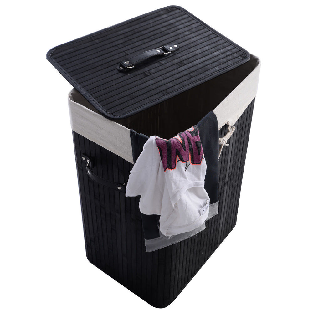 Rectangle bamboo laundry hamper with lid, black color, large 19-gal capacity, and detachable cotton inner pocket.
