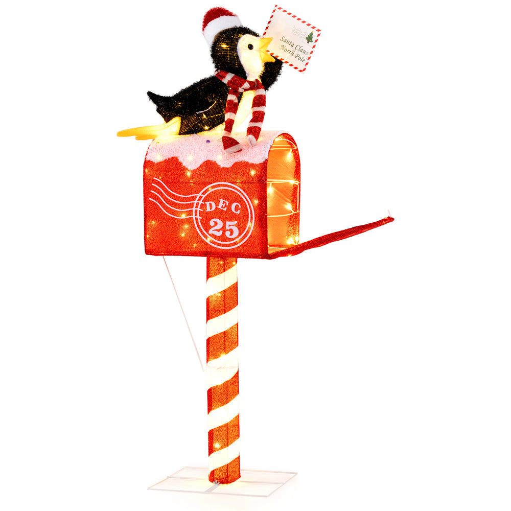 Lighted penguin on mailbox decoration with 100 warm white LEDs, perfect for festive outdoor displays.