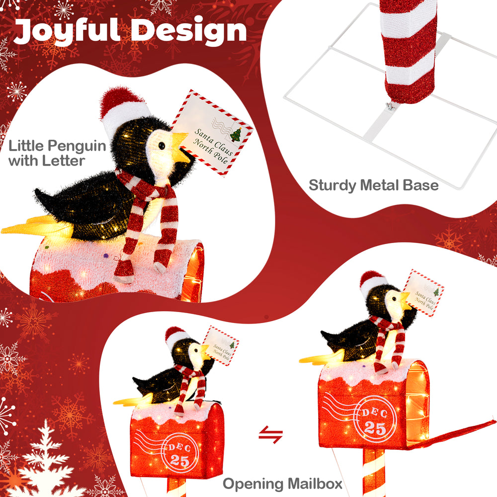 Joyful penguin decoration with opening mailbox, 100 warm white LEDs for a festive touch in homes and shops.