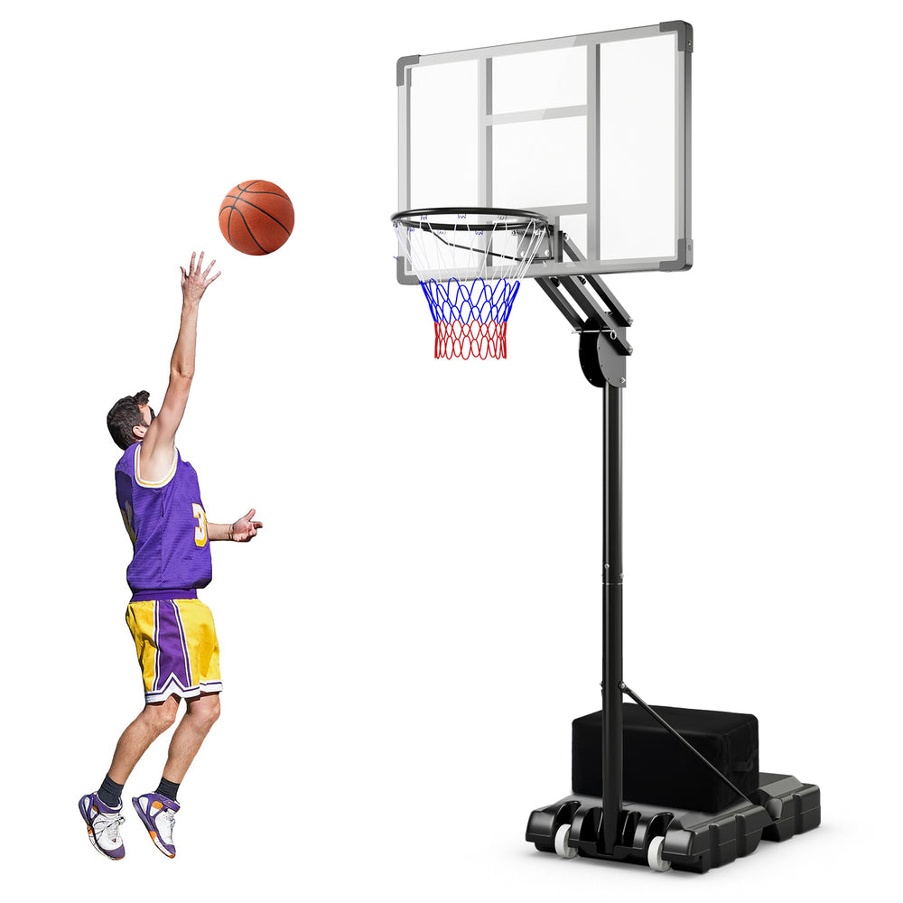Adjustable basketball hoop with shatterproof backboard, 10-level height, and portable design for indoor and outdoor.