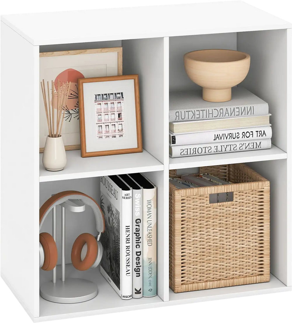 Modern 4-cube book shelf in white, perfect for organizing books and decor in living rooms or bedrooms.
