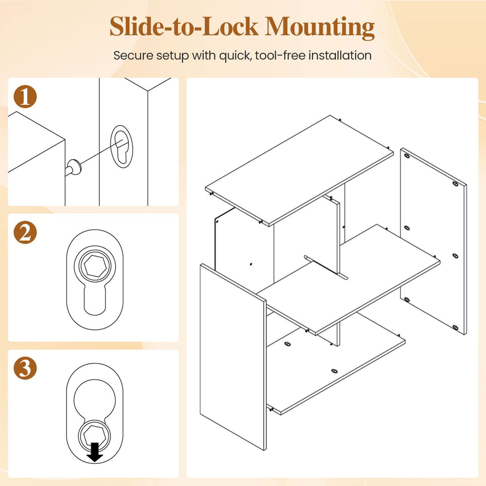 Slide-to-lock mounting instructions for the white 3/4/6/9-cube book shelf, designed for tool-free assembly and stability.