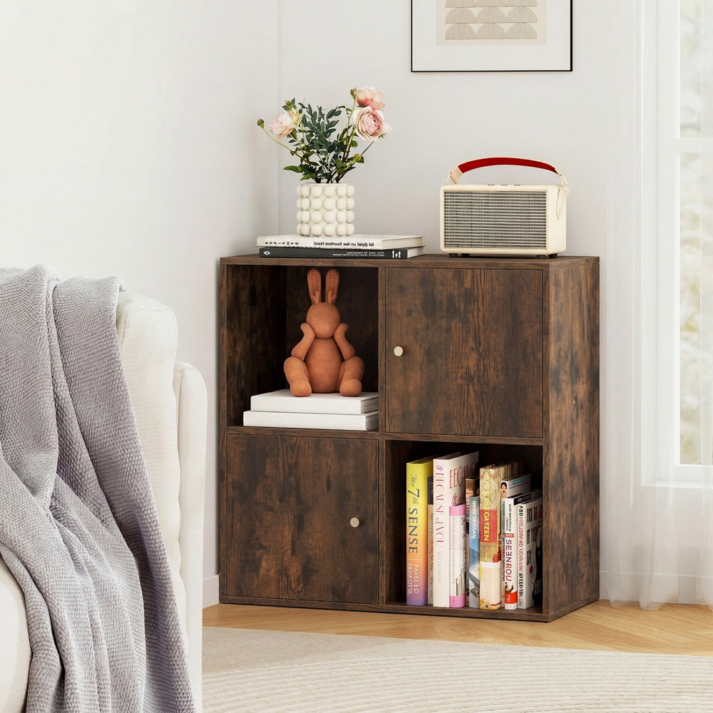 4-Cube Bookcase 3-Tier Bookshelf with Dual Anti-Tipping Kits and 2 Cabinets-Brown - Gallery View 1 of 9