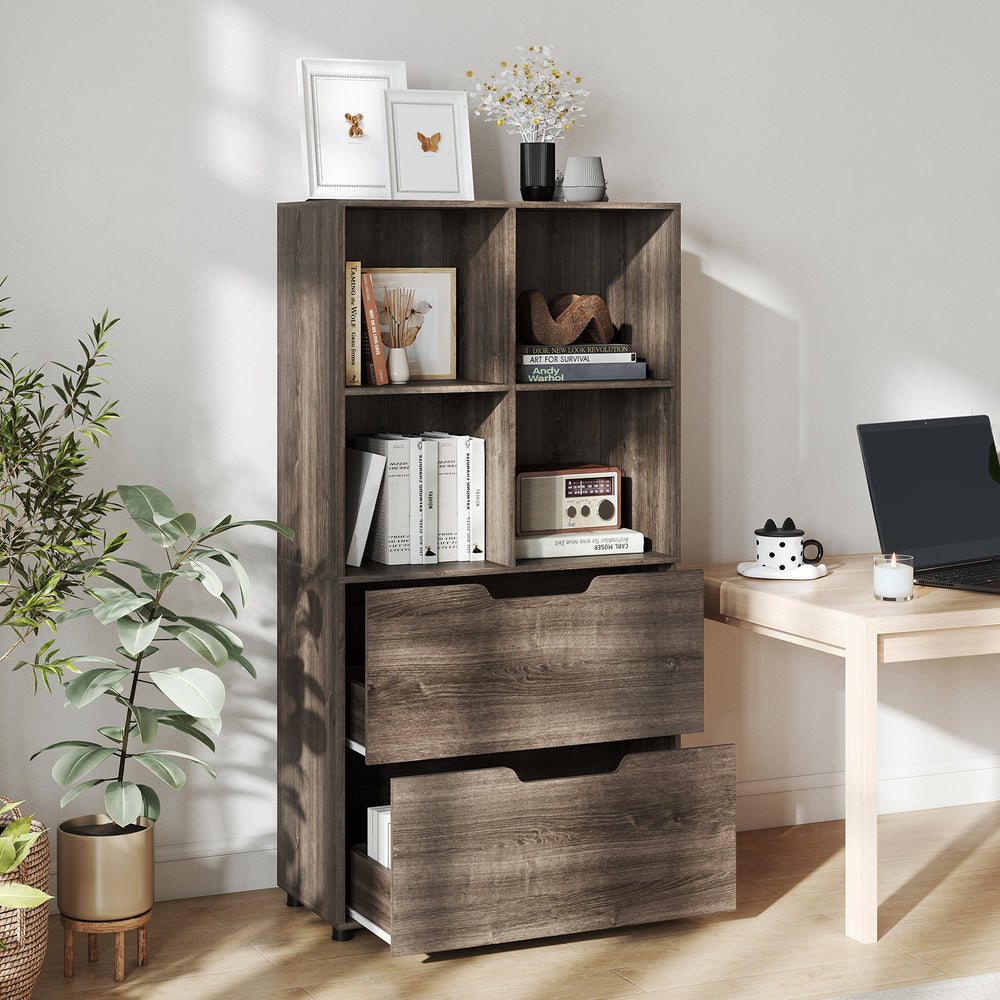 4-Cube Bookcase with 2 Drawers 51 inch 5-Tier Tall Freestanding Bookshelf-Gray - Gallery View 1 of 9