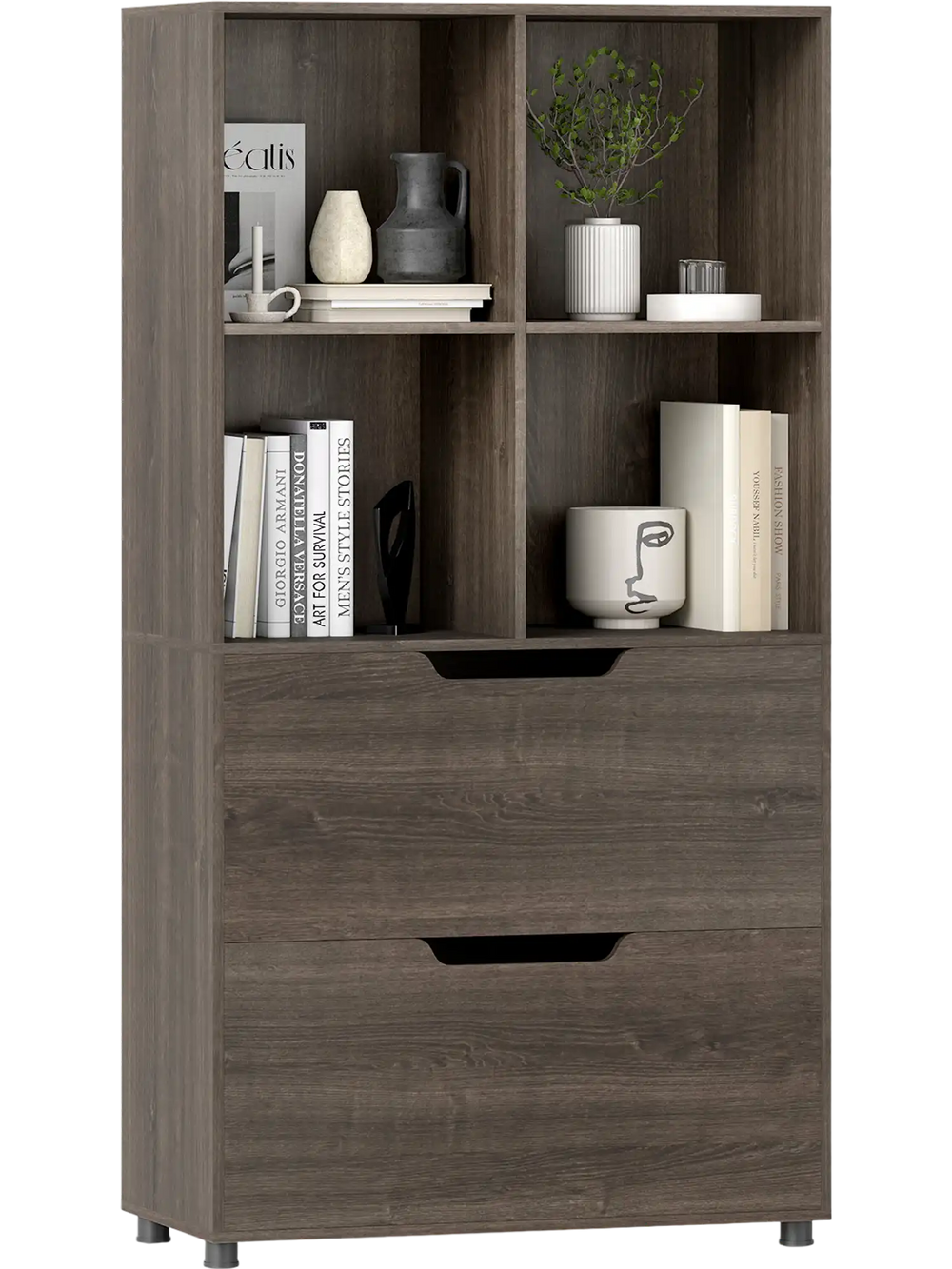 Gray 4-cube bookcase with 2 drawers, showcasing a sturdy design and cut-out handles for easy access in any space.