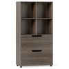 Tall gray 4-cube bookcase with 2 drawers, perfect for living room or office storage and stylish organization.